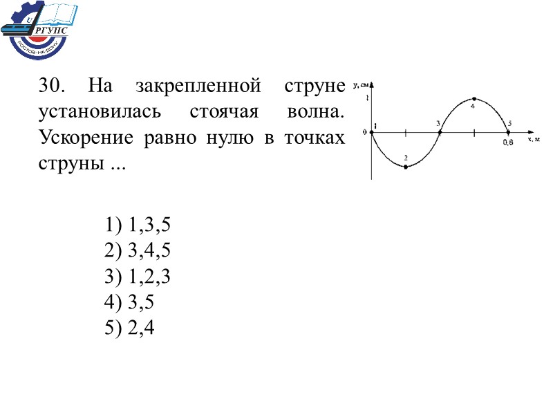 30. На закрепленной струне установилась стоячая волна. Ускорение равно нулю в точках струны ...